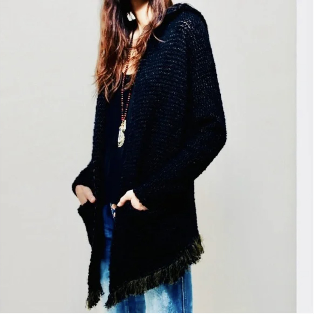 Free People Black Hooded Fringe Cardigan Sweater